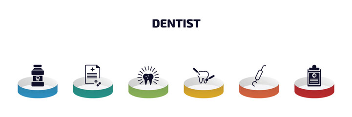 dentist infographic element with filled icons and 6 step or option. dentist icons such as mouth wash, medical prescription, dental, dental care, periodontal scaler, health report vector.