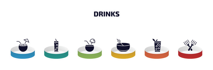 drinks infographic element with filled icons and 6 step or option. drinks icons such as malibu, tom collins, planter's punch, greyhound drink, cuba libre, forks vector.