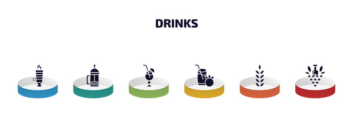 drinks infographic element with filled icons and 6 step or option. drinks icons such as latte, french press, blue lagoon, tomato juice, grain, bunch of grapes vector.