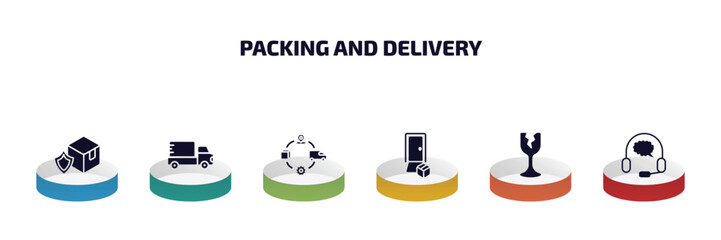 packing and delivery infographic element with filled icons and 6 step or option. packing and delivery icons such as delivery shield, supply chain, door, fragile, customer support vector.