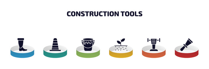 construction tools infographic element with filled icons and 6 step or option. construction tools icons such as rubber boots, road construction, open paint bucket, soil, rammer, scratcher tool