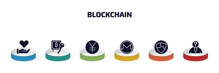 blockchain infographic element with filled icons and 6 step or option. blockchain icons such as donation, proof of stake, yen, , nem, anonymity vector.
