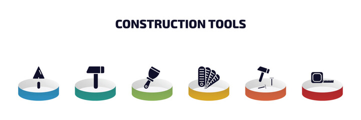 construction tools infographic element with filled icons and 6 step or option. construction tools icons such as trowel, brick hammer, putty knife, pantone, hammer and nail, open scale vector.