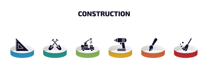 construction infographic element with filled icons and 6 step or option. construction icons such as angle ruler, two shovels, truck with crane, electric drill, brush, sweeping broom vector.
