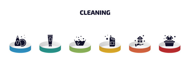 cleaning infographic element with filled icons and 6 step or option. cleaning icons such as dishwashing detergent, cream, soak, detergent, clean-living, clothes cleaning vector.