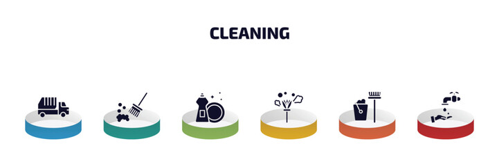 cleaning infographic element with filled icons and 6 step or option. cleaning icons such as garbage truck, sweeping, dish soap, feather duster, housekeeping, hand wash vector.
