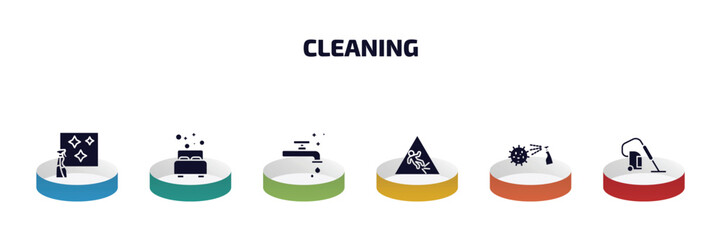cleaning infographic element with filled icons and 6 step or option. cleaning icons such as glass cleaning, clean room, faucet cleanin, wet floor, virus cleanin, hoover vector.