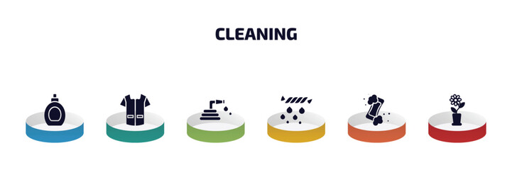 cleaning infographic element with filled icons and 6 step or option. cleaning icons such as perfume cleanin, cleaner uniform, garden hose, squeeze, hand soap, rose cleanin vector.