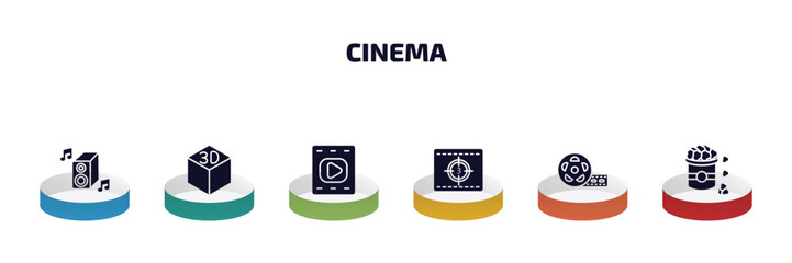 cinema infographic element with filled icons and 6 step or option. cinema icons such as loud woofer box, 3d, film, movie countdown, big film roll, popcorn bag vector.