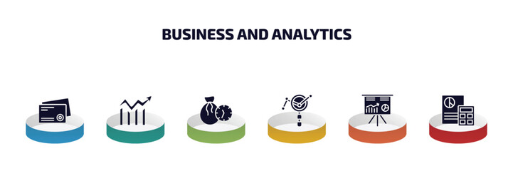 business and analytics infographic element with filled icons and 6 step or option. business and analytics icons such as business card, data analytics circular, debt, market research, stellar,