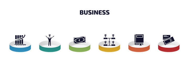 business infographic element with filled icons and 6 step or option. business icons such as measuring success, man success, euro bills, increase team work, story, credit card and ticket vector.