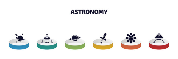 astronomy infographic element with filled icons and 6 step or option. astronomy icons such as astrology, space lander, saturn, space ship, simulator, space capsule vector.