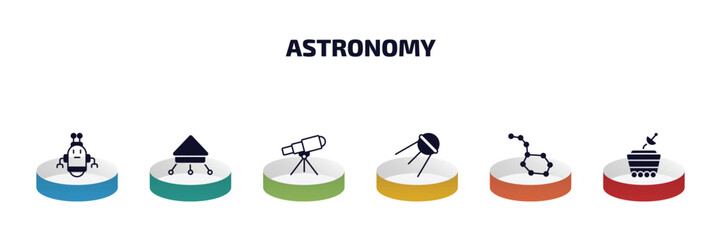 astronomy infographic element with filled icons and 6 step or option. astronomy icons such as space robot, lander, telescope pointing up, sputnik, constellation, moonwalker vector. © Farahim