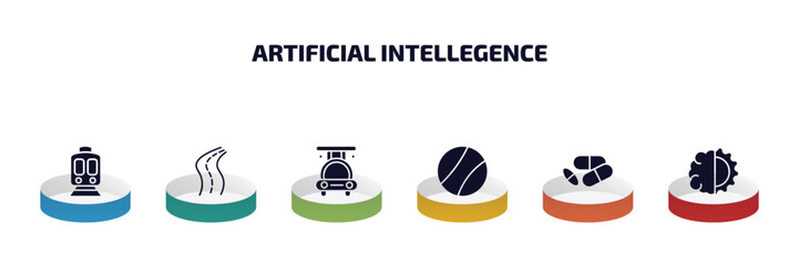 artificial intellegence infographic element with filled icons and 6 step or option. artificial intellegence icons such as train, road, high speed tube, ball, medicine, deformity vector.