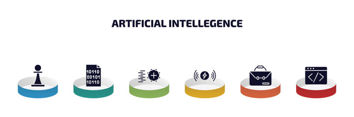 artificial intellegence infographic element with filled icons and 6 step or option. artificial intellegence icons such as chess, binary, match moving, wireless charging, business, code vector.