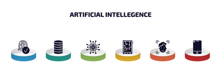 artificial intellegence infographic element with filled icons and 6 step or option. artificial intellegence icons such as biometrics, database, quantum computing, mobile flexible display, face