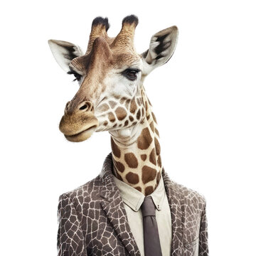 Portrait of a giraffe dressed in a formal business suit on white background, transparent png, generative ai