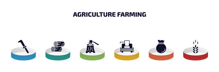 agriculture farming infographic element with filled icons and 6 step or option. agriculture farming icons such as billhook, wood logs, wood chop, combine harvester, sack, oat vector.
