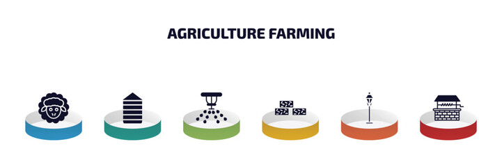 agriculture farming infographic element with filled icons and 6 step or option. agriculture farming icons such as sheep, silo, sprinkler, straw bale, lamppost, well vector.