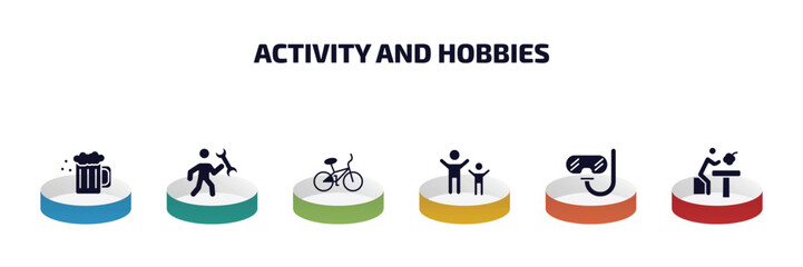 activity and hobbies infographic element with filled icons and 6 step or option. activity and hobbies icons such as brewing, repairing, bmx, aerobic, diving, lace making vector.