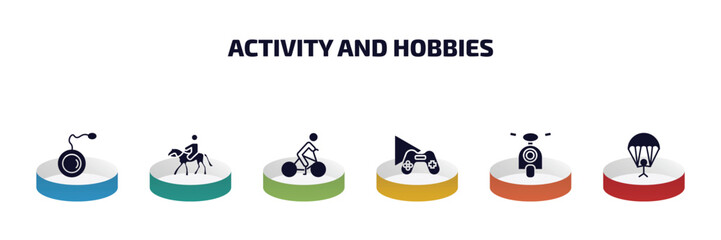 activity and hobbies infographic element with filled icons and 6 step or option. activity and hobbies icons such as yoyo, horse riding, biking, game playing, motorcycle, gliding parachutist vector.