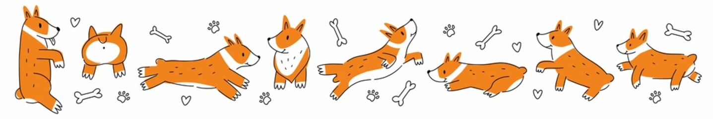 Horizontal collection with a group of corgi dogs drawn by hand in the style of a doodle