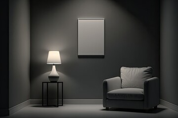 In the living room, there's a single armchair against a blank, dark wall. Generative AI