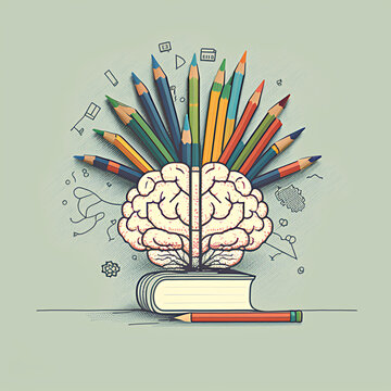 illustration of conceptual art collage of braind, books and pencils