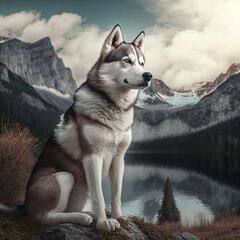 Realistic husky on a nature mountains background, generative AI