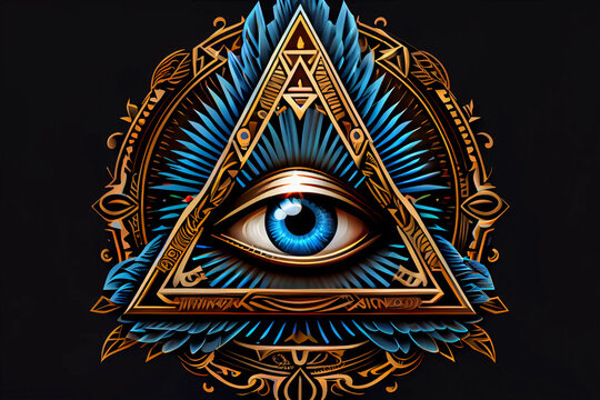 golden triangle with blue eye. Masonic symbol. ai generated