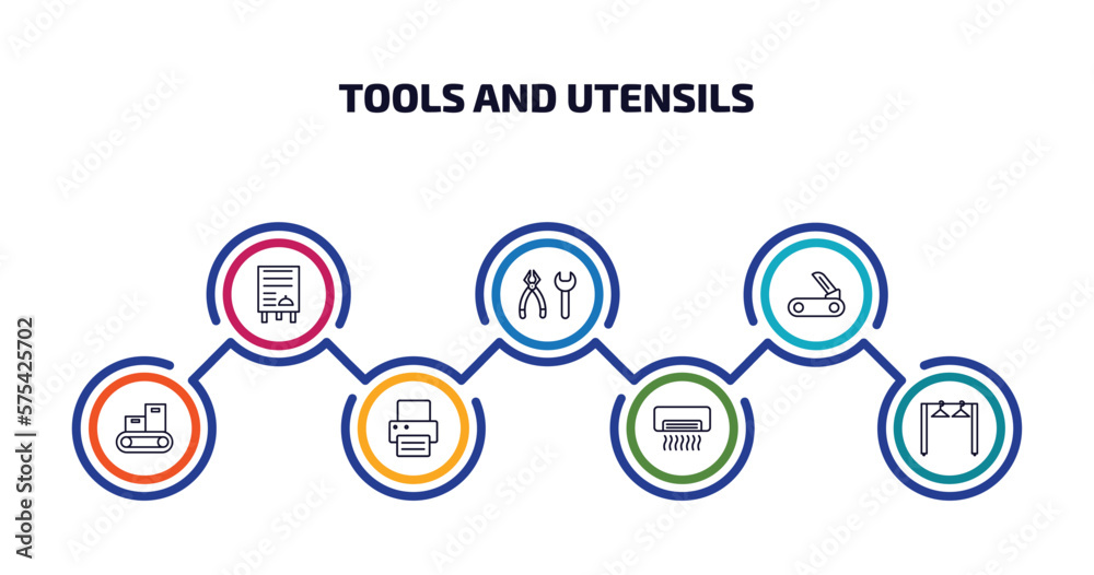 Poster tools and utensils infographic element with outline icons and 7 step or option. tools and utensils i