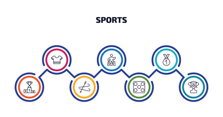 sports infographic element with outline icons and 7 step or option. sports icons such as football jersey, pedestrian walking, medal with number 1, podium with cup, ski, game board, sport trophy