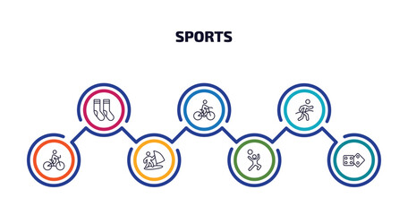 sports infographic element with outline icons and 7 step or option. sports icons such as long socks, man riding bike, marathon champion, bicycle rider, man windsurfing, man playing volleyball, board