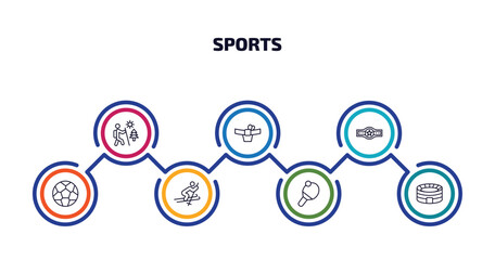 sports infographic element with outline icons and 7 step or option. sports icons such as adventure, mawashi, boxer with belt, football, skiing, table tennis, estadio vector.