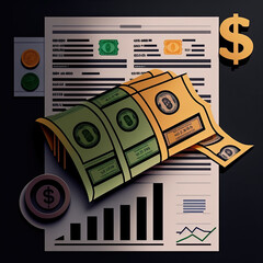 A business document with a bar and line graph with text, and coins and bills.  Concept of economy, investment, market, strategy, financial analysis, reporting, inflation, 