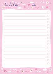 Vector illustration of note pad page with lines and flowers on pink background. Cute spring every day  to do list for women or girls