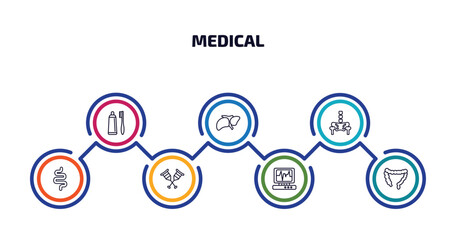 medical infographic element with outline icons and 7 step or option. medical icons such as brush with tooth paste, liver, p, intestines, crutches couple, heart rate monitor, colon vector.