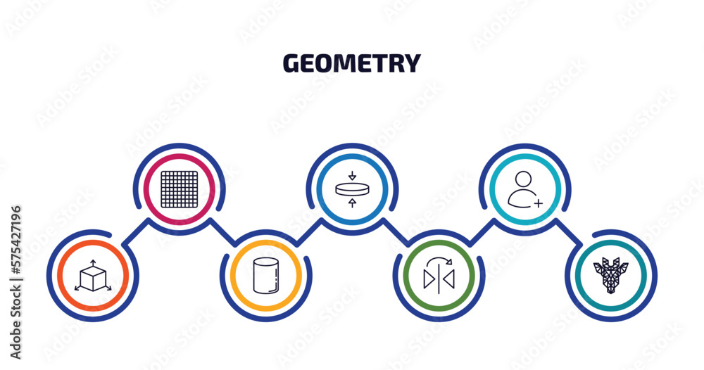 Poster geometry infographic element with outline icons and 7 step or option. geometry icons such as grids, 