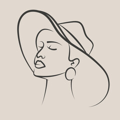 Beautiful woman in hat profile line square art drawing. Minimalistic modern women face