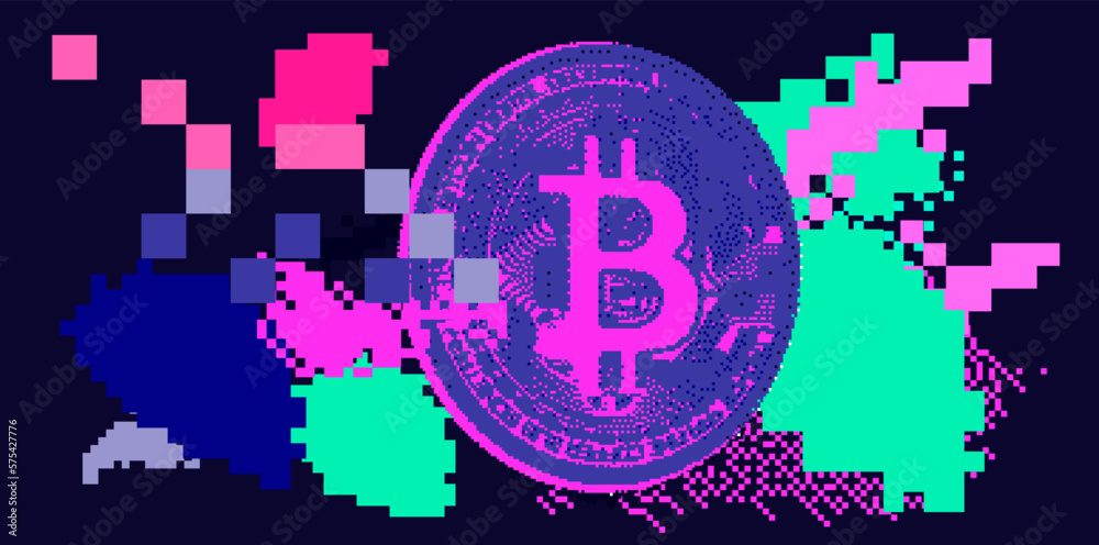 Poster pixel art of a 3d bitcoin currency on a glitched background background.