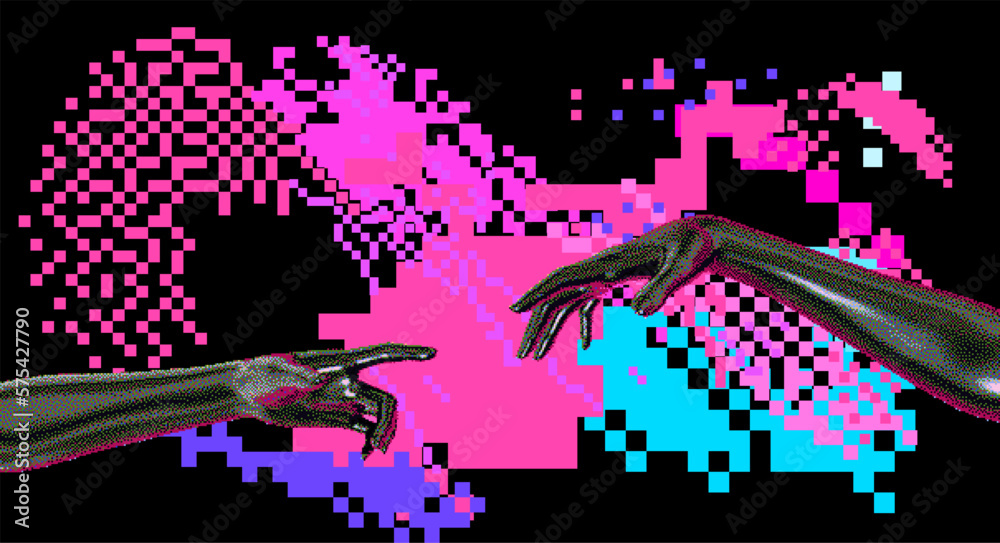 Poster two 3d hands going to touch together on a pixelated glitched background.