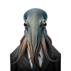 Portrait of a squid dressed in a formal business suit on white background, transparent png, generative ai