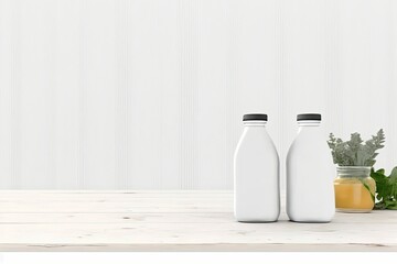 Free copy space on white kitchen background, no humans, two empty bottles with detox smoothie on wooden table. Generative AI