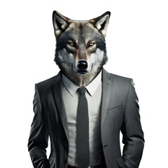 Portrait of a wolf dressed in a formal business suit on white background, transparent png, generative ai