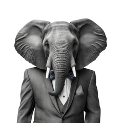 Portrait of a elephant dressed in a formal business suit on white background, transparent png, generative ai