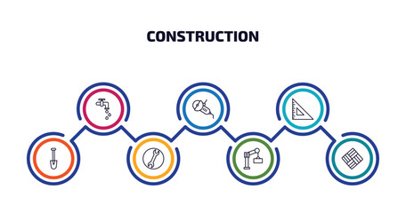 construction infographic element with outline icons and 7 step or option. construction icons such as stopcock, angle grinder, angle ruler, short shovel, round wrench, derrick with boxes, paver