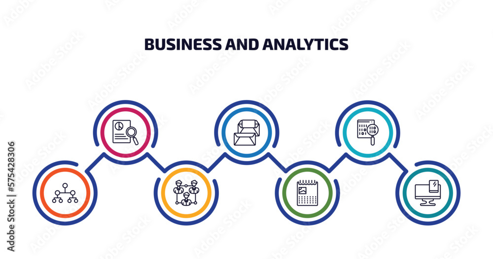 Poster business and analytics infographic element with outline icons and 7 step or option. business and ana