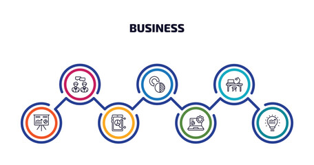 business infographic element with outline icons and 7 step or option. business icons such as consulting, value chart, workplace, stellar, mobile stock data, data analytics, solution vector.