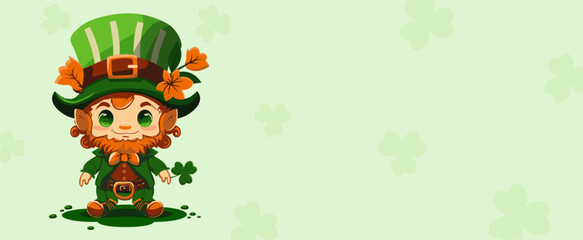 Postcard Happy St. Patrick's Day. Cute beautiful leprechaun with clover for luck in cartoon style. Dwarf. Colorful banner, logo, signboard, emblem. Vector