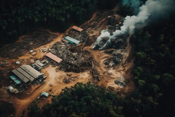 Aerial view of deforested area of the Amazon rainforest caused by illegal mining activities, created with Generative AI
